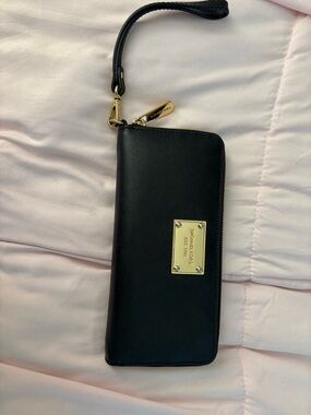 Michael Kors Black Saffiano Leather Wristlet Clutch with Gold Hardware